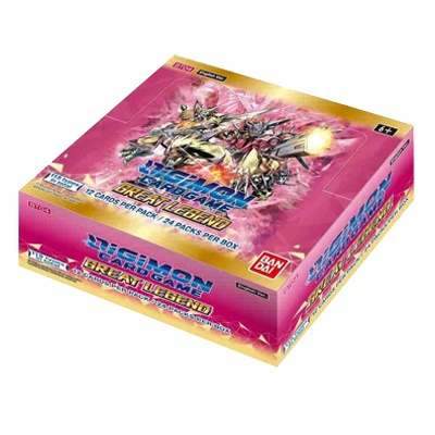 Caixa do jogo de cartas Digimon Card Game Great Legend cor rosa com detalhe amarelo e ilustração de Digimons