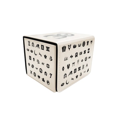 Caixa cúbica branca com texto e símbolos pretos variados