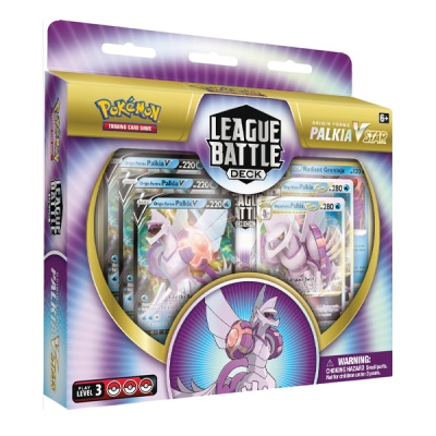 Embalagem do deck League Battle Palkia VSTAR do Pokémon Trading Card Game com cartas visíveis e cores roxas e douradas