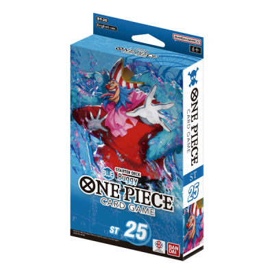 Caixa de baralho azul do jogo de cartas ONE PIECE ST25 com personagem Buggy e logotipos.