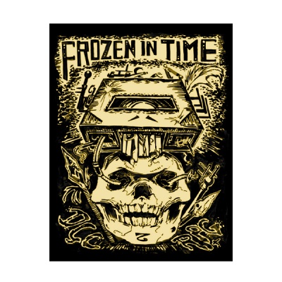 Desenho gráfico de crânio com cassete e texto 'FROZEN IN TIME'