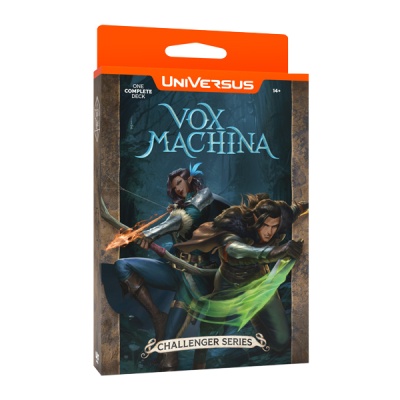 Embalagem do deck de cartas VOX MACHINA Challenger Series da Universus com ilustração de personagens