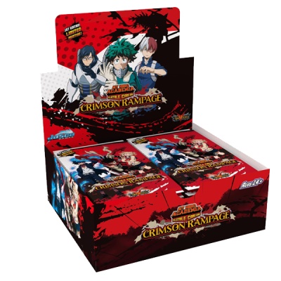 Caixa de cartas MY HERO ACADEMIA CRIMSON RAMPAGE vermelha e preta com personagens anime