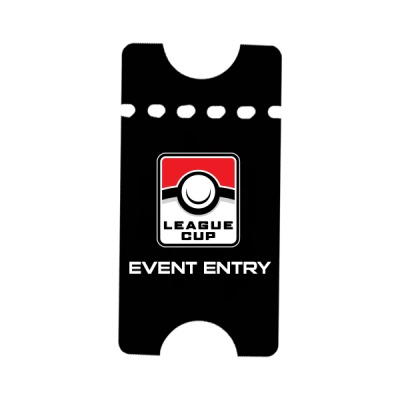 Bilhete preto para evento com texto e logótipo League Cup