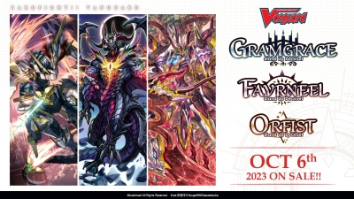 Imagem promocional do jogo Cardfight!! Vanguard com três personagens e logótipos das edições GRANDGRACE, FAVARNEEL, ORFIST e texto de lançamento em outubro