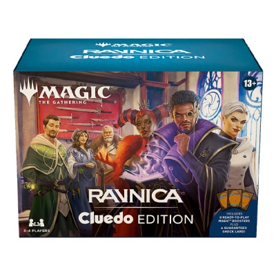Caixa azul do jogo Magic: The Gathering Ravnica Cluedo Edition com ilustração de personagens fantásticos.