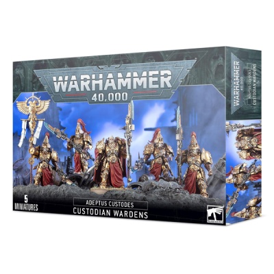 Caixa do Warhammer 40,000 com miniaturas Adeptus Custodes Custodian Wardens em dourado e vermelho