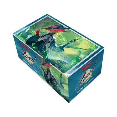 Caixa de produto com design gráfico verde e azul e personagem ilustrada