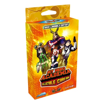 Caixa de jogo de cartas My Hero Academia com personagens animados e fundo amarelo