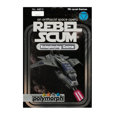 Capa de jogo de roleplaying REBEL SCUM com nave espacial e texto promocional