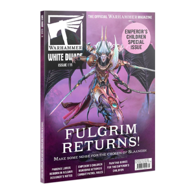 Revista Warhammer White Dwarf com capa roxa e personagem armado com asas