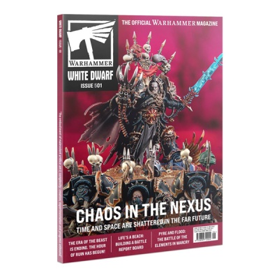 Revista Warhammer White Dwarf nº 501 com figura de miniatura de fantasia na capa