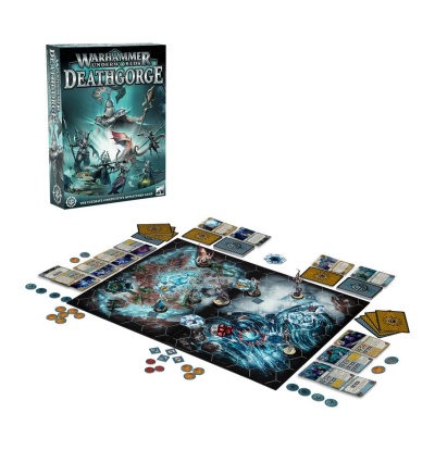 Jogo de tabuleiro Warhammer Underworld Deathgorge com tabuleiro, miniaturas, cartas e fichas.