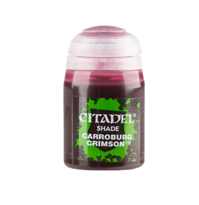 Bottle of Citadel Shade Carroburg Crimson paint with green and black label and pink cap