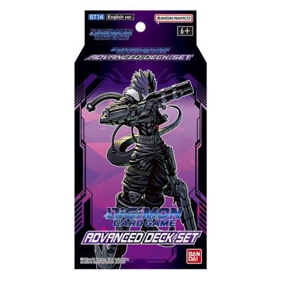 Packagem de jogo Digimon Card Game Advanced Deck Set com figura robótica em roxo e preto