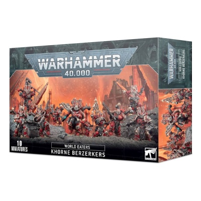 Caixa Warhammer 40,000 World Eaters Khorne Berzerkers 10 miniaturas com fundo laranja e cinzento