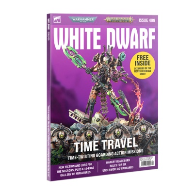 Revista White Dwarf Issue 499 com miniaturas de fantasia na capa e texto promocional