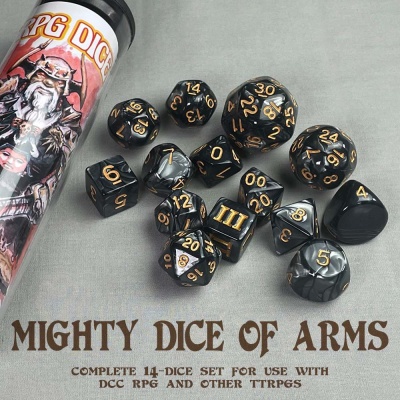 Conjunto de 14 dados pretos marmoreados com números dourados para RPG ao lado de embalagem cilíndrica com ilustração de guerreiro e texto RPG DICE