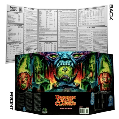 Ecrã de juiz Dungeon Crawl Classics com arte de monstros e tabelas de regras