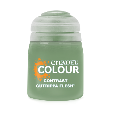 Citadel Colour Contrast Gutrippa Flesh paint pot with frosted green container and translucent lid