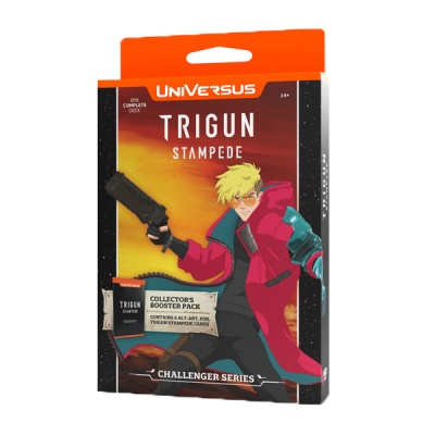 Embalo de cartão Universus Trigun Stampede com personagem loiro de sobretudo vermelho e pistola preta