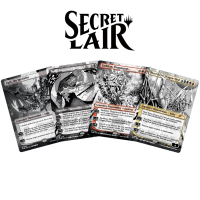 Quatro cartas de Magic: The Gathering em preto e branco com o título SECRET LAIR acima.