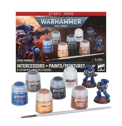 Warhammer 40,000 Space Marines Intercessors + Paints set with miniatures and paint pots in various colors and a paintbrush