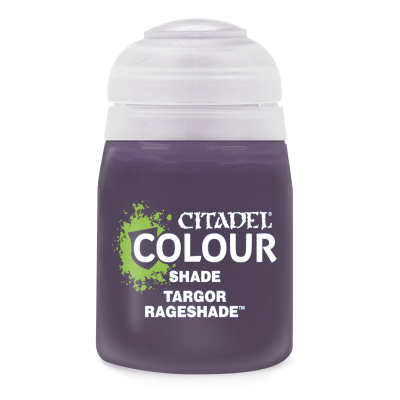 Citadel Colour shade paint bottle labeled 'Targor Rageshade' with purple paint and frosted cap