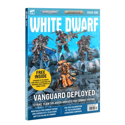 Capa da revista White Dwarf, edição 496, com figuras de miniaturas e texto promocional em azul.