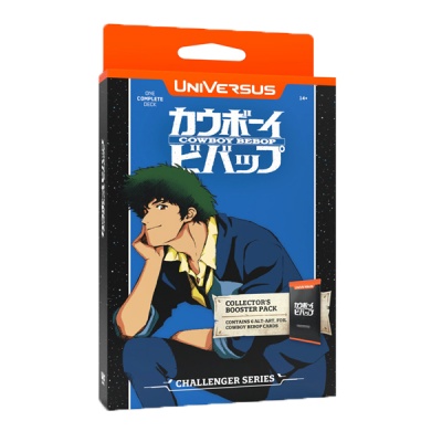 Pack colecionador de cartas Cowboy Bebop com personagem masculino e texto em inglês e japonês