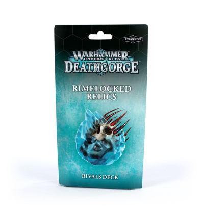 Embalagem da expansão para jogo Warhammer Underworlds Deathgorge RIMELOCKED RELICS RIVALS DECK azul e preta com rosto e espinhos vermelhos