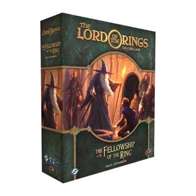 Caixa do jogo de cartas The Lord of the Rings com ilustração de personagens em cima de fundo verde