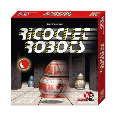 Caixa de jogo Ricochet Robots com robots coloridos e tabuleiro de fundo