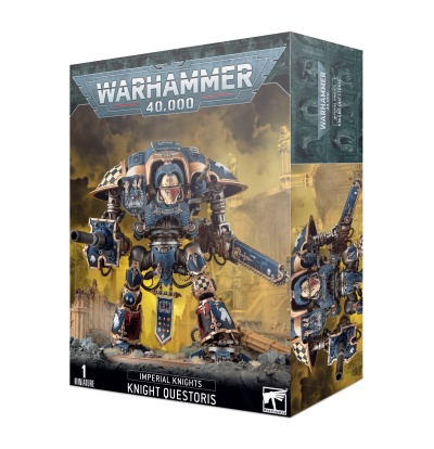 Embalagem Warhammer 40,000 Knight Questoris com miniatura de robô azul e dourado