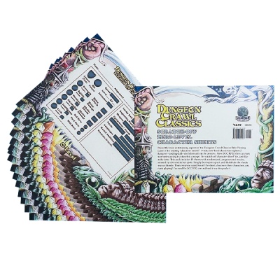 Conjunto de fichas coloridas para jogo de RPG 'Dungeon Crawl Classics' com ilustrações de dragão e criatura fantástica