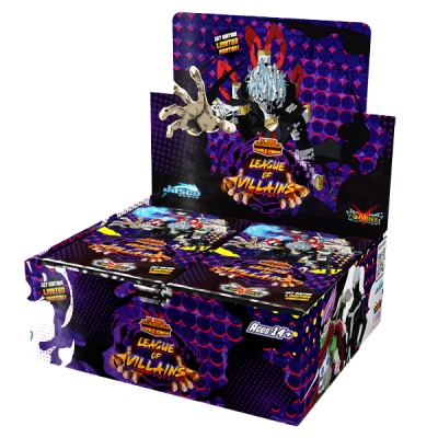 Caixa com múltiplos pacotes de cards colecionáveis 'League of Villains' com personagem e texto em destaque