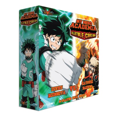 Caixa colorida do jogo de cartas colecionáveis My Hero Academia com personagens Izuku Midoriya e Katsuki Bakugo