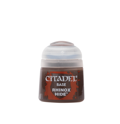 Citadel Base Rhinox Hide paint pot with brown label and cap on white background