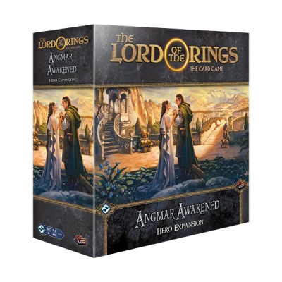Caixa do jogo de cartas The Lord of the Rings Angmar Awakened Hero Expansion com ilustração de personagens e paisagem