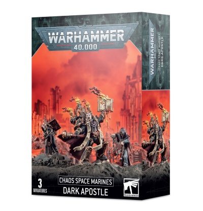 Embalagem Warhammer 40,000 com 3 miniaturas Chaos Space Marines Dark Apostle em cenário vermelho