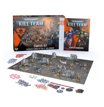 Jogo Warhammer Kill Team com caixa, livro, miniaturas, tabuleiro e peças coloridas