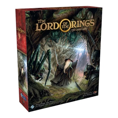 Caixa do jogo de cartas The Lord of the Rings com Gandalf e uma aranha gigante numa floresta