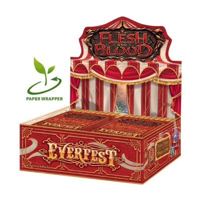 Caixa expositora vermelha e dourada do jogo EVERFEST com logótipo Flesh and Blood