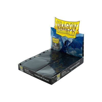 Expositor de pacotes protectores para cartas Dragon Shield preto e azul com dragão e texto