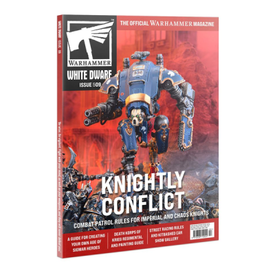 Revista Warhammer White Dwarf Issue 609 com robô azul e texto Knightly Conflict