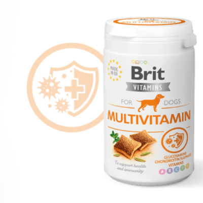 frasco branco de multivitaminas Brit para cães com texto e imagem de cachorro laranja