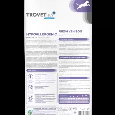 Embalagem branca de ração para cão adulto TROVET PLUS hipoalergénica com veado fresco