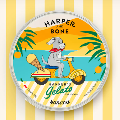 Embalagem de gelado para cães com design alegre mostrando cão em scooter e texto informativo