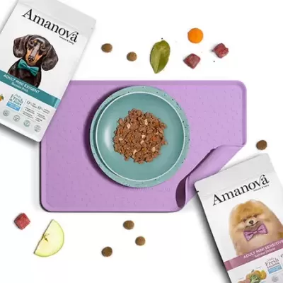 Pacotes de comida para cães Amanova, tacho azul com comida húmida, tapete roxo antiderrapante e pedaços de ingredientes sobre fundo branco.