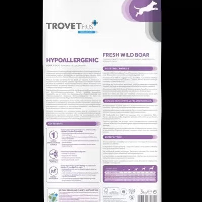 Embalagem de comida para cão adulto hipolaergénica com texto e tabela em branco e lilás